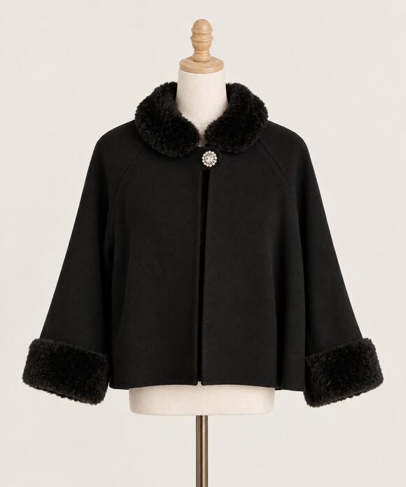 Hampshire Studio Jackets & Blazers - Vintage 90s Black Cape Jacket Women’s Medium Faux Fur Trim Cropped Swing Coat